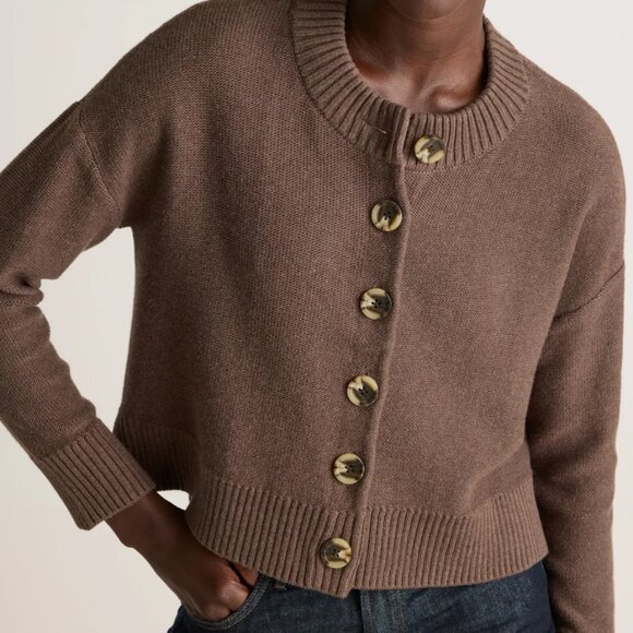 Quince 100% Organic Cotton Cropped Cardigan Heather Brown, Button-Front Classic - Picture 2 of 7